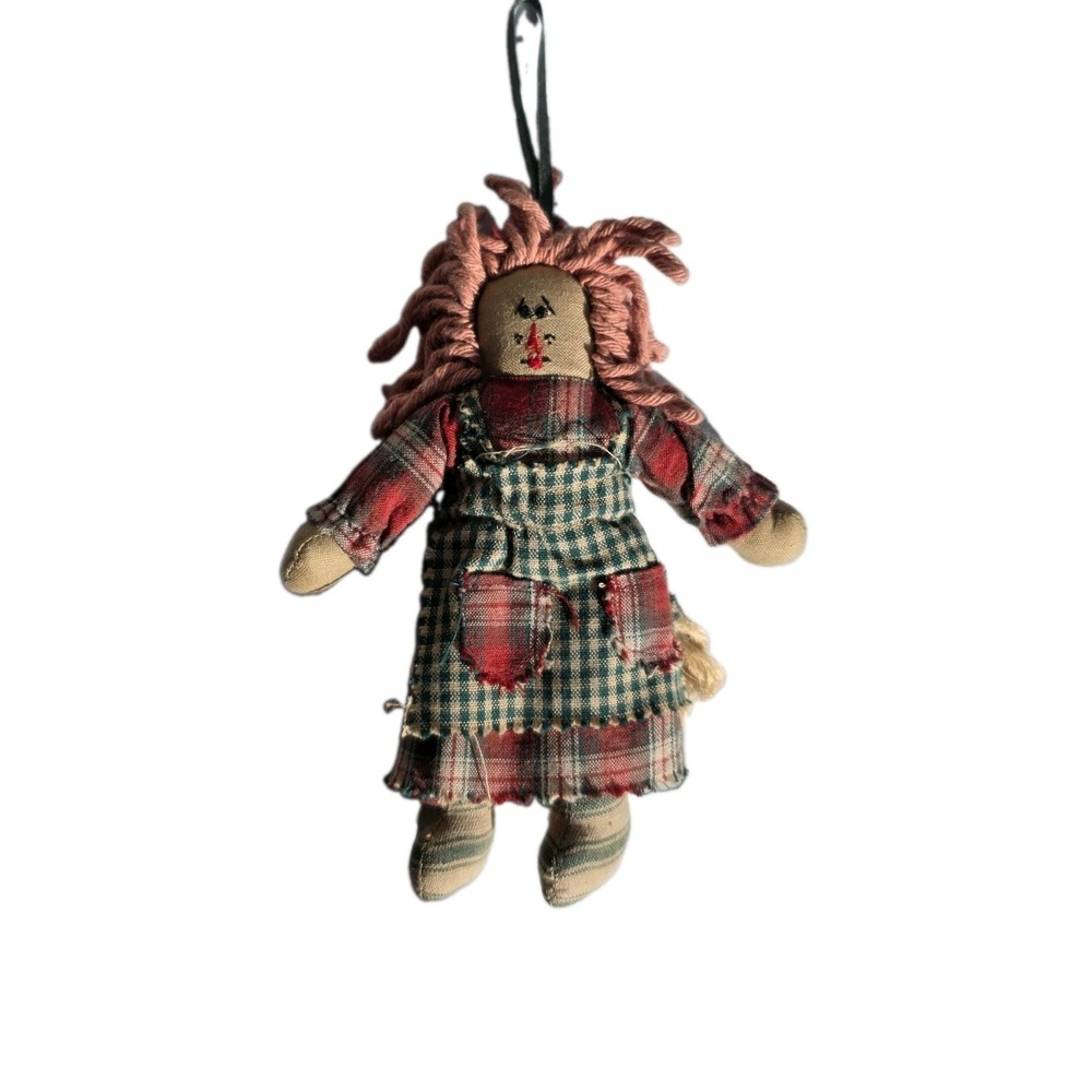 Primitive Rag Doll Ornament 6" Cloth Country Ann Doll Yarn Hair Plaid 90s